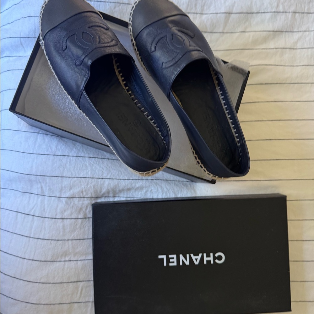 CHANEL Navy Leather Espadrille Slip-Ons with CC Logo